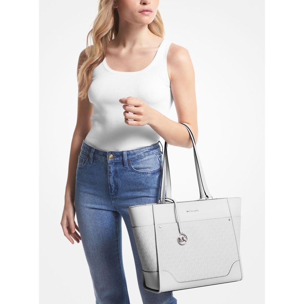 NWT MICHAEL Michael Kors Harrison Large Top Zip Tote in Optic White/ Allum - Picture 2 of 10